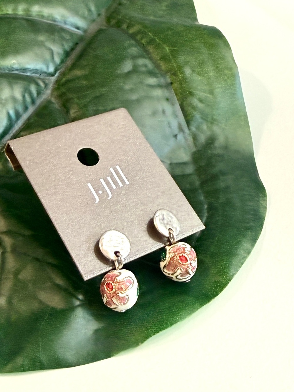 J. Jill Pink Floral Cloisonné Bead Enamel Silver Drop Earrings NWT